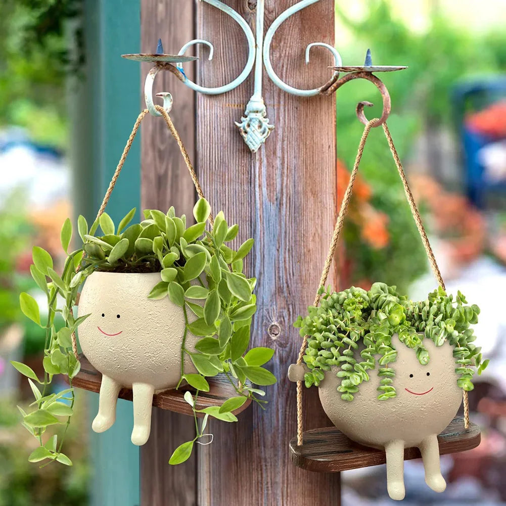 Swinging Smiley Face Hanging Ceramic Planter